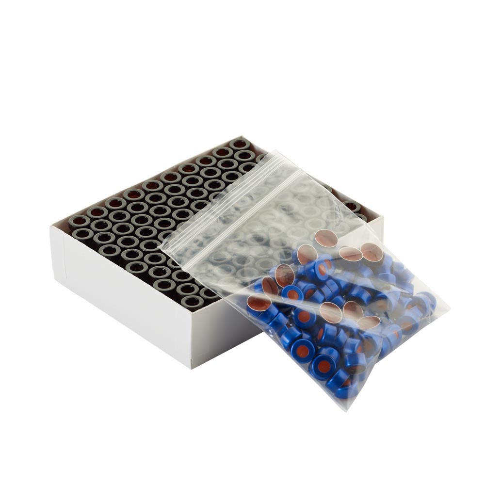 WHEATON 壓蓋小瓶方便包 棕色瓶帶書寫膜 藍色瓶蓋 PTFE/硅樹脂蓋墊 100個/盒