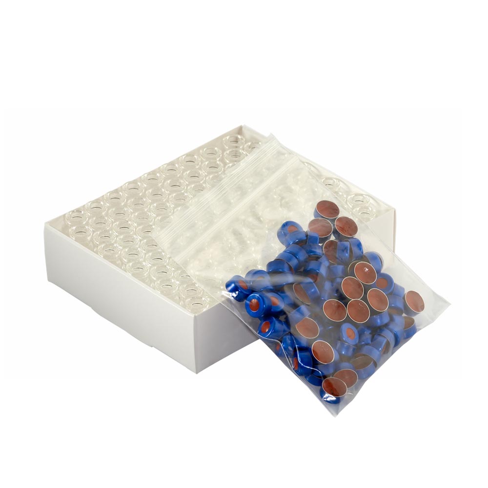 WHEATON 壓蓋小瓶方便包 無色透明瓶帶書寫膜 藍色瓶蓋 PTFE/硅樹脂蓋墊 100個/盒