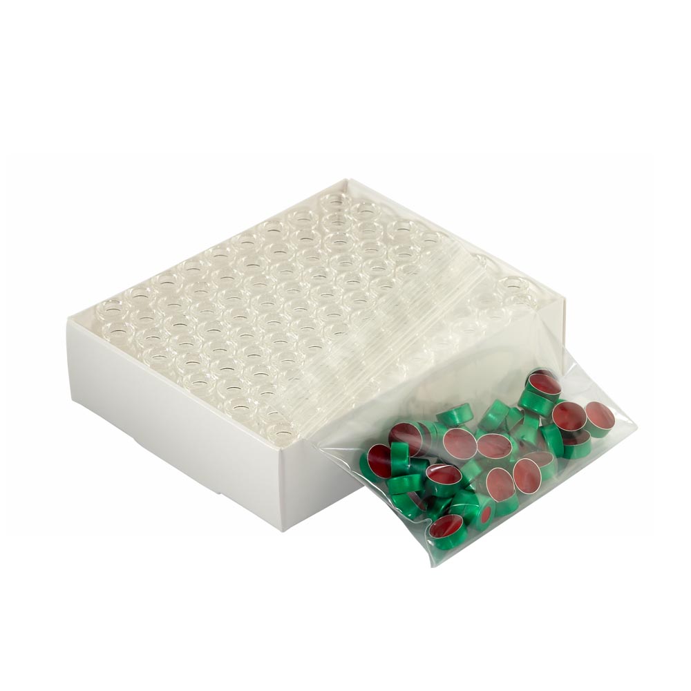 WHEATON 壓蓋小瓶方便包 無色透明瓶帶書寫膜 綠色瓶蓋 PTFE/紅色橡膠蓋墊 100個/盒