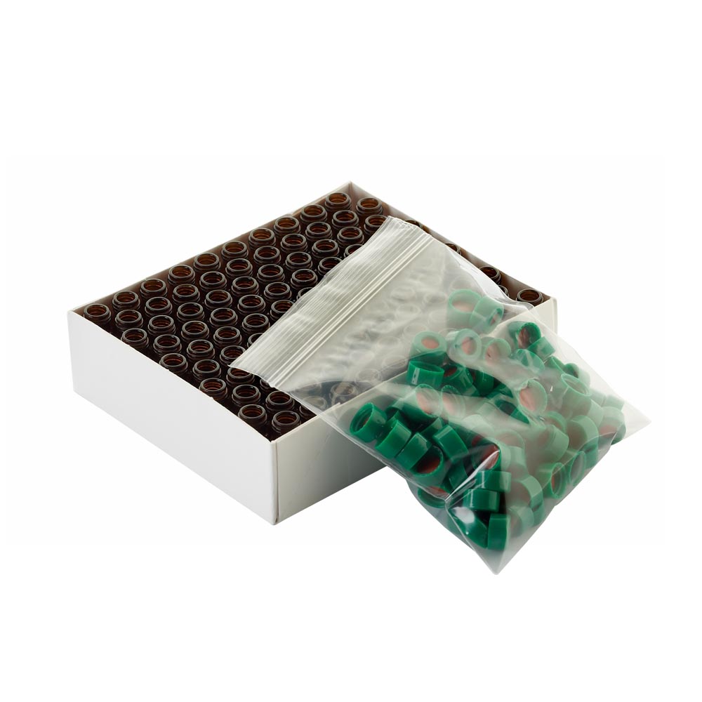 WHEATON 棕色瓶帶書寫膜 綠色瓶蓋 紅色PTFE/白色硅樹脂蓋墊 100個(gè)/盒