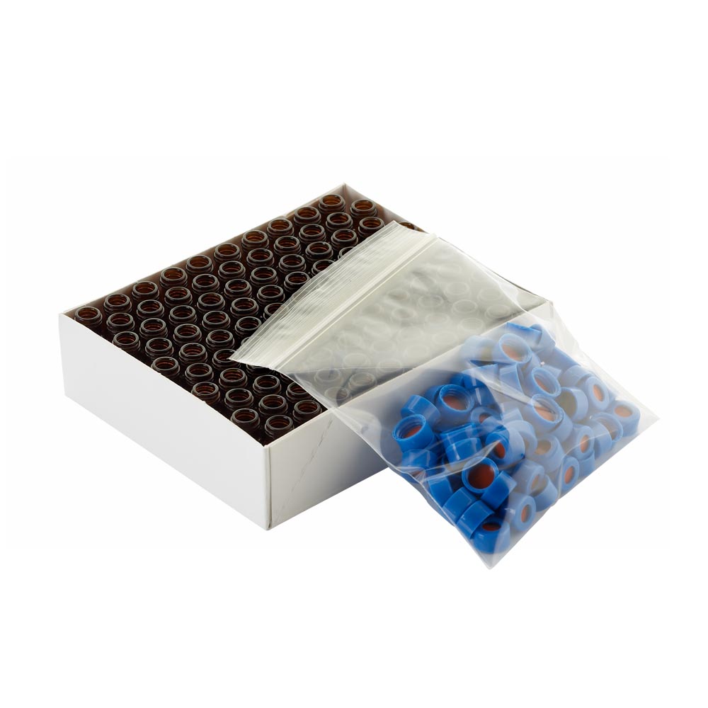 WHEATON 棕色瓶帶書寫膜 藍色瓶蓋 紅色PTFE/白色硅樹脂蓋墊 100個/盒